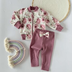 Komplet bluza bomber i legginsy prążek ogród róż