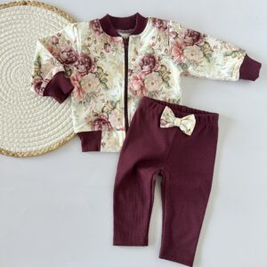 Komplet bluza bomber i burgundowe legginsy prążek z kokardą